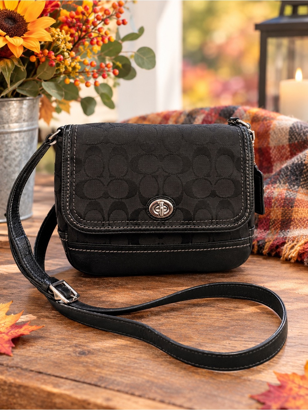 COACH Park Violet Signature Crossbody Bag Black Canvas Leather Flap F28206
